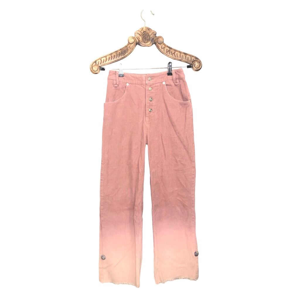House of Sunny Corduroy Pants Pink Ombre Raw Fringe Hem Loose Straight Leg 2